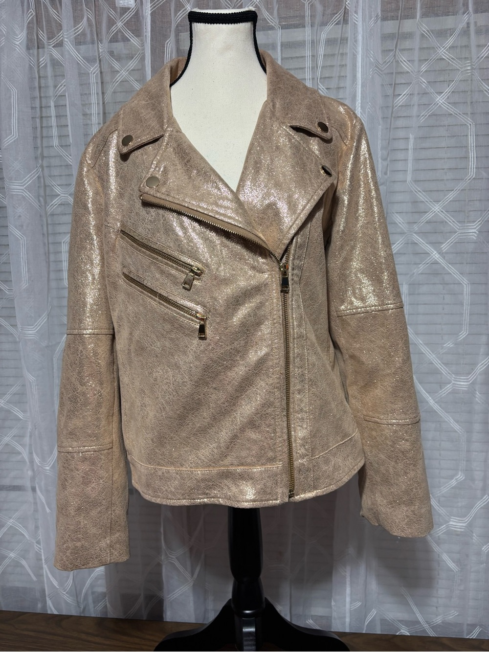 V Christina Rose Gold Shimmery Edgy Moto biker jacket 20 p2p 24L  24 sleeve NWOT